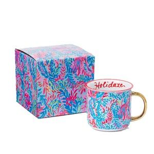 NIB Lilly Pulitzer Ceramic “Holidaze” Blue Pink Coffee Mug Cup Gold